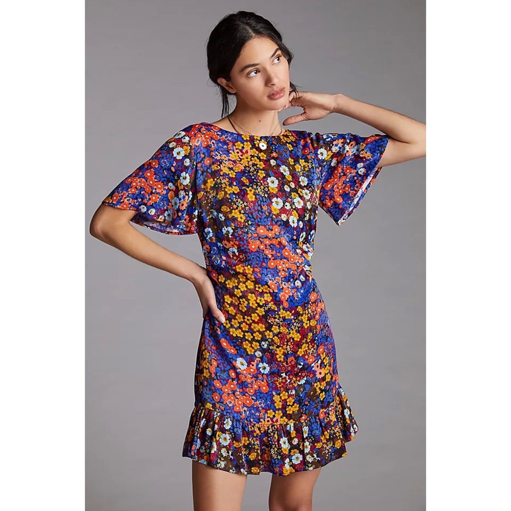 Anthropologie Floral Mini Dress in Blue, Orange, Yellow